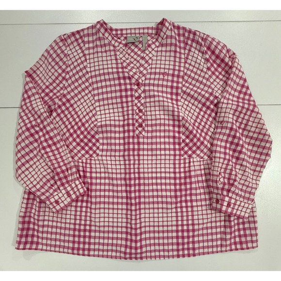 Ulla Popken Von Landen Pink White Plaid 3/4 Sleeve Tunic Blouse Plus Size 20/22 - Picture 1 of 10